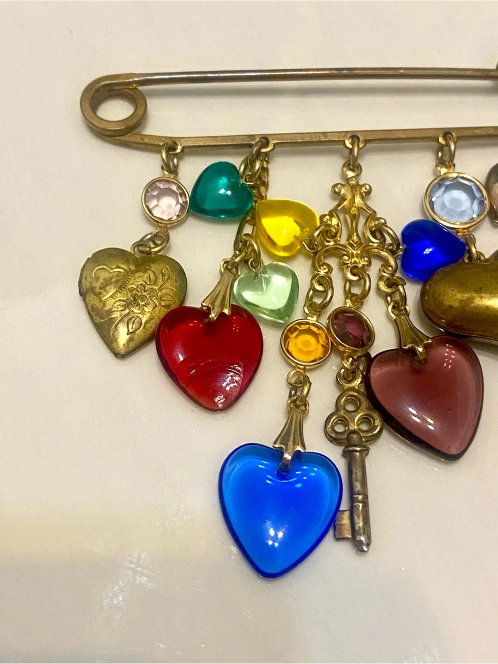 Vintage Glass Heart Multi Color Safety Pin Charm Brooch